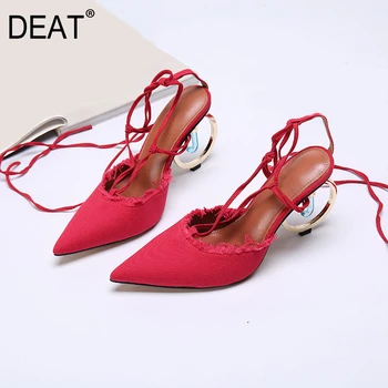 

[DEAT] 2020 New Spring Summer Pointed Toe Shallow Ankle Strap Hemp Strange Heels Sandals For Women Shoes Fashion Tide 10H026