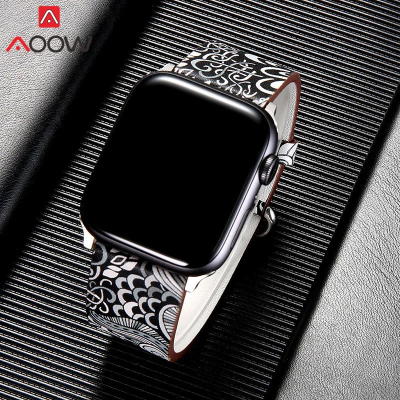 Кожаный ремешок для часов Apple Watch 38 мм 42 мм 40 мм 44 мм цветочный ремешок с цветочным принтом Национальный Стиль Браслет ремешок для iwatch 1 2 3 4