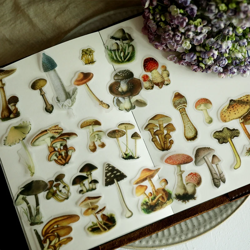 ZFPARTY 100pcs Retro Mushroom Illustration Vellum Paper Stickers for Scrapbooking Happy Planner/Card Making/Journaling Project