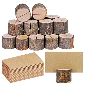 

20 Pieces Rustic Style Wooden Card Box Round Table Digital Bracket Wood Note Memo Clip Card Photo Holder Clip Folder and Kraft P