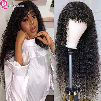 

Jerry Curly Wig With Bangs Full Machine Black Wig With bangs Natural Head Spin Cheap Human Hair Wigs With Bang Peruvian Hair Wig