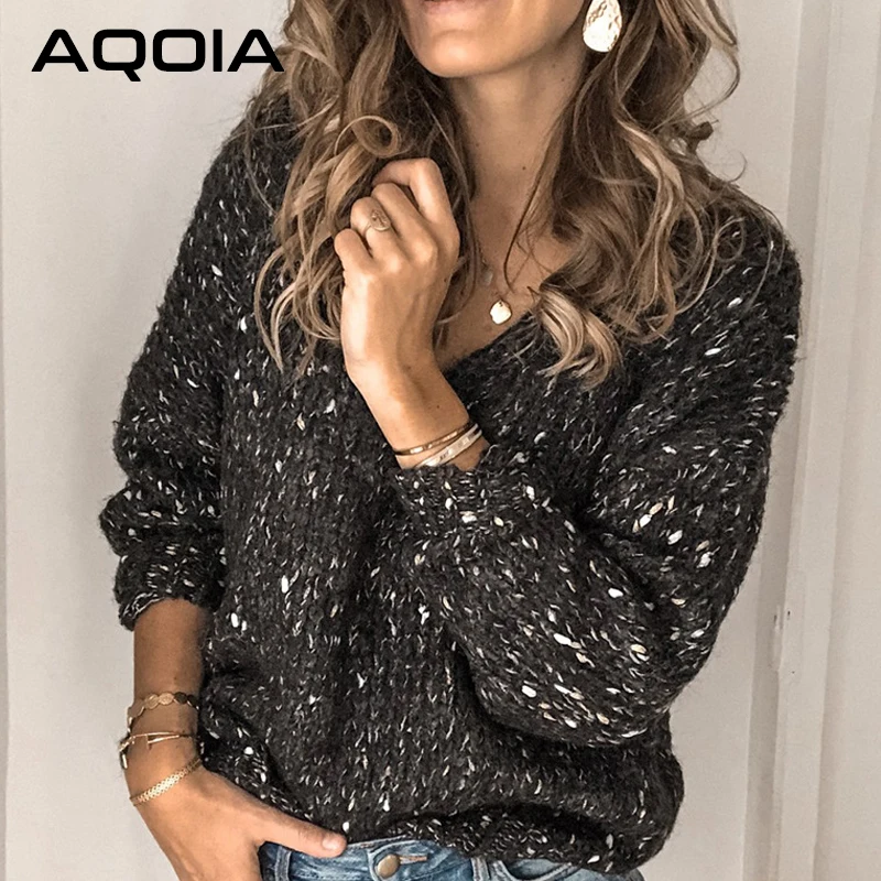 AQOIA, корейский стиль, люрекс, сексуальный женский свитер размера плюс, v-образный вырез, вязаный женский свитер, пуловер,, осенняя, зимняя одежда