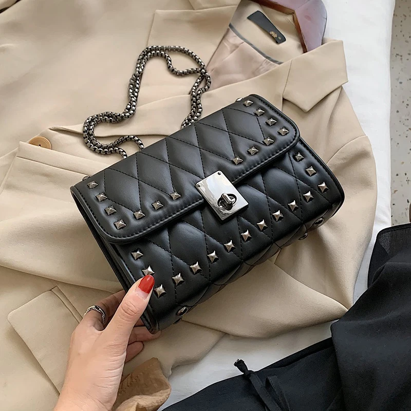 

New Rivet Design Small PU Leather Crossbody Bags for Women 2020 Winter Shoulder Handbags and Purses Womne's Chain Hand Bag