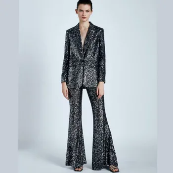 

Sparkly Beaded Sequin Pants Suits Women 2 Two Piece Set Stylish Glitter Blazer Suit Jacket Wide Leg Trousers Work Stage Clothes