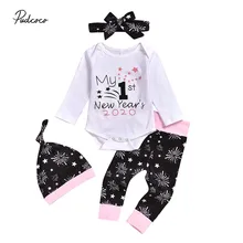 Брендовая одежда для маленьких девочек 0-18 месяцев, топы, штаны с принтом фейерверков, повязка на голову, шапка, комплект одежды для девочек из 4 предметов