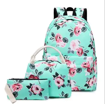 

Women's backpack women's Oxford private house external anti watermark flower ethnic style schoolbag three piece backpack girl