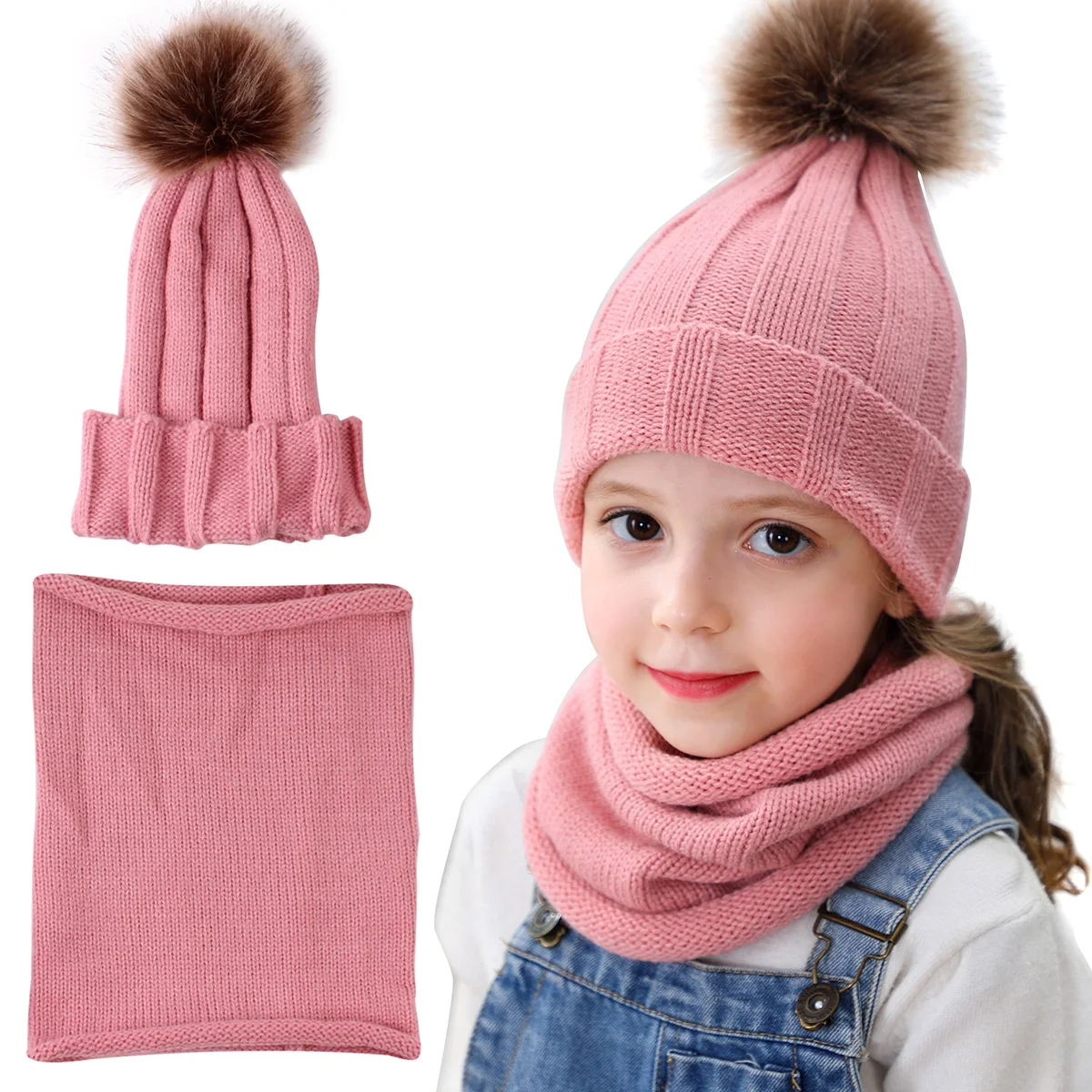 Детский головной убор шарф-хомут, 2 предмета, детская осенне-зимняя шапка с помпонами, теплая шапка с помпонами и горлышком - Цвет: Розовый