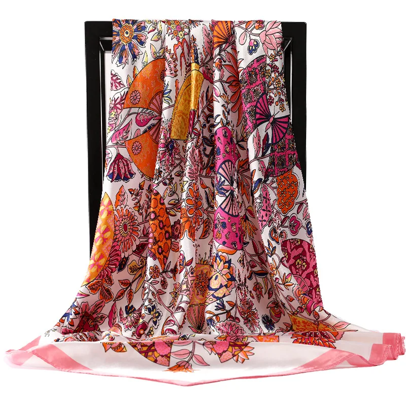  - 2023 Popular Print Square Shawls Fashion Flower New Headcloth Luxury 90X90CM Sunscreen Kerchief Four Seasons Satin Silk Scarves