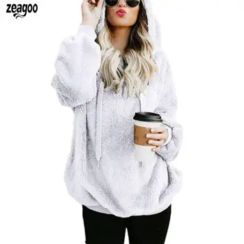 

Women Fashion Solid Long Sleeve Loose Casual Zip Winter/Spring/Autumn Hooded Pullover Plush Sweatshirt