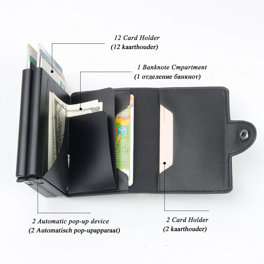 Модная визитная Карточка RFID кошелек двойная алюминиевая коробка из искусственной кожи Автоматический антимагнитный металлический кошелек кредитный ID держатель для карт