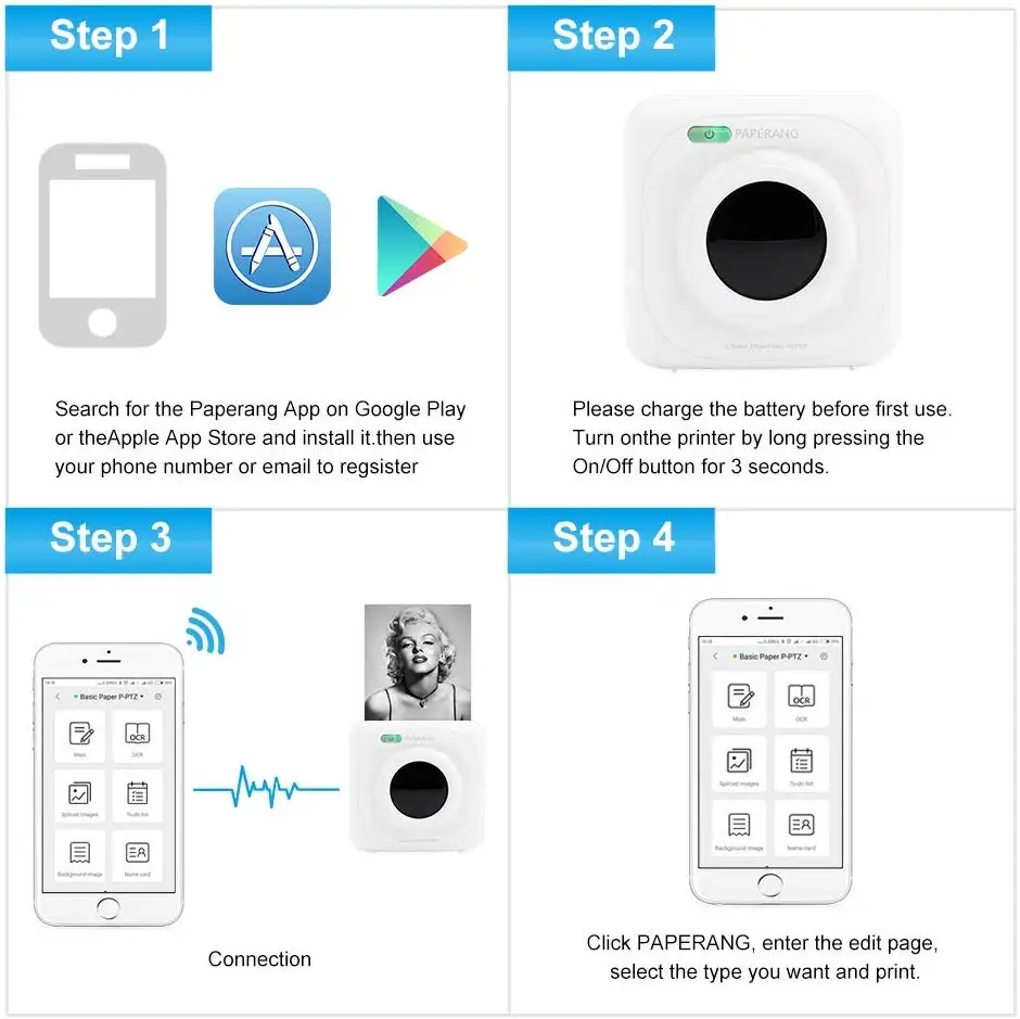 Paperang mini impressora térmica bluetooth portátil fotos