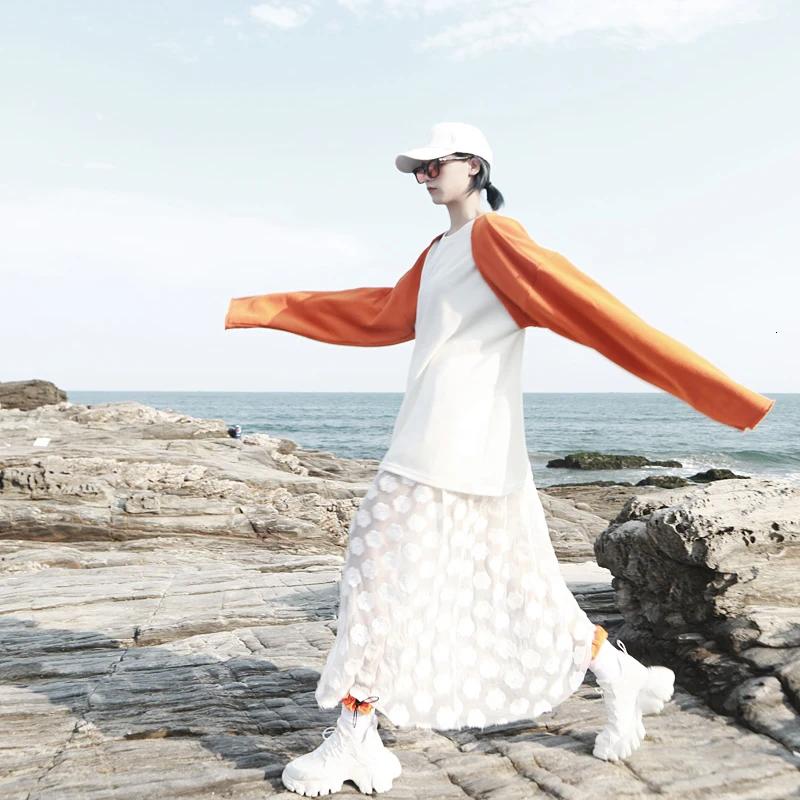 [EAM] женский короткий шарф из пашмины черного и оранжевого цветов с разрезом, новинка, длинный индивидуальный Модный осенне-зимний шарф 1D835
