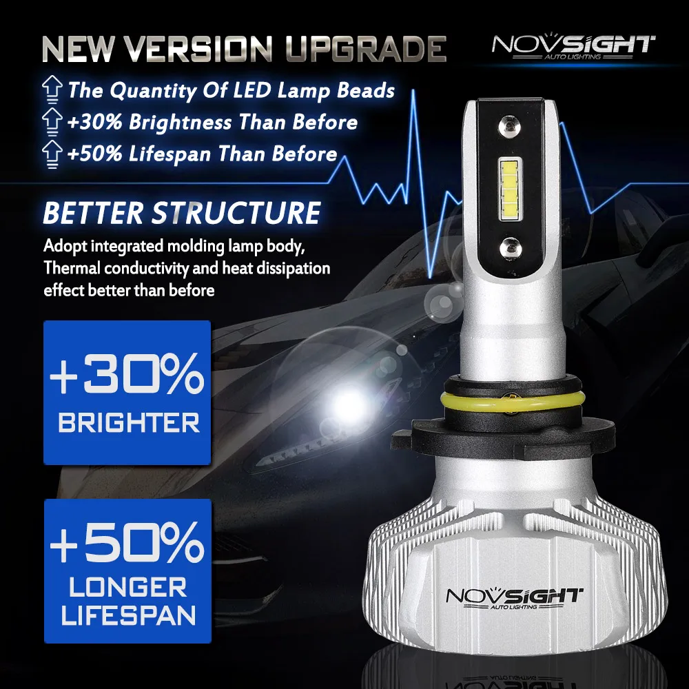 NOVSIGHT H1 H3 H4 H7 H11 H13 Автомобильный светодиодный фары 9005 9006 9007 50 Вт 10000LM белый 6500K IP68 Номинальная Водонепроницаемый и пылеотталкивающий