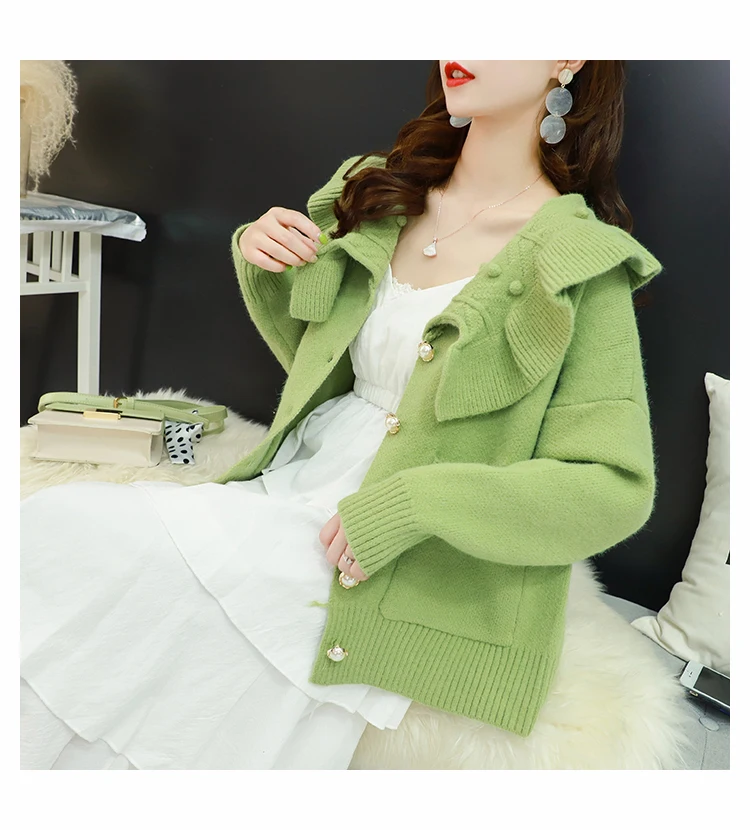 H.SA Women Winter Oversized Sweater Cardigans Big Collar Ruffles Loose Jumpers Green Beige Cardigans Feminino Button Up