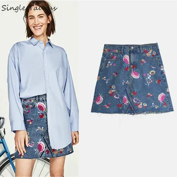 

High Waist Jeans Skirts Womens High Waist A Line Heavy Craft Embroidery Flowers Streetwear Photography Faldas Mujer Moda 2020