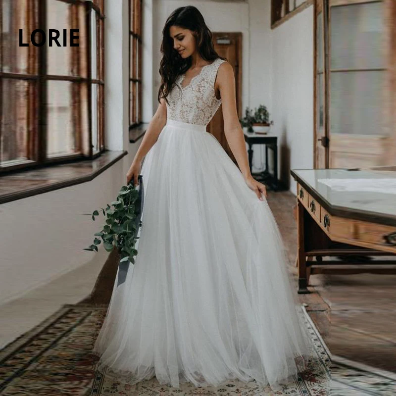 LORIE pizzo con Tulle abiti da sposa 2019 semplice A Line abiti da sposa  Boho abito da sposa senza maniche Backless vestido de noiva|Wedding  Dresses| - AliExpress