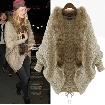 

Autumn and winter 2019 new European and American style bat sleeve loose knit fashion wool collar coat female