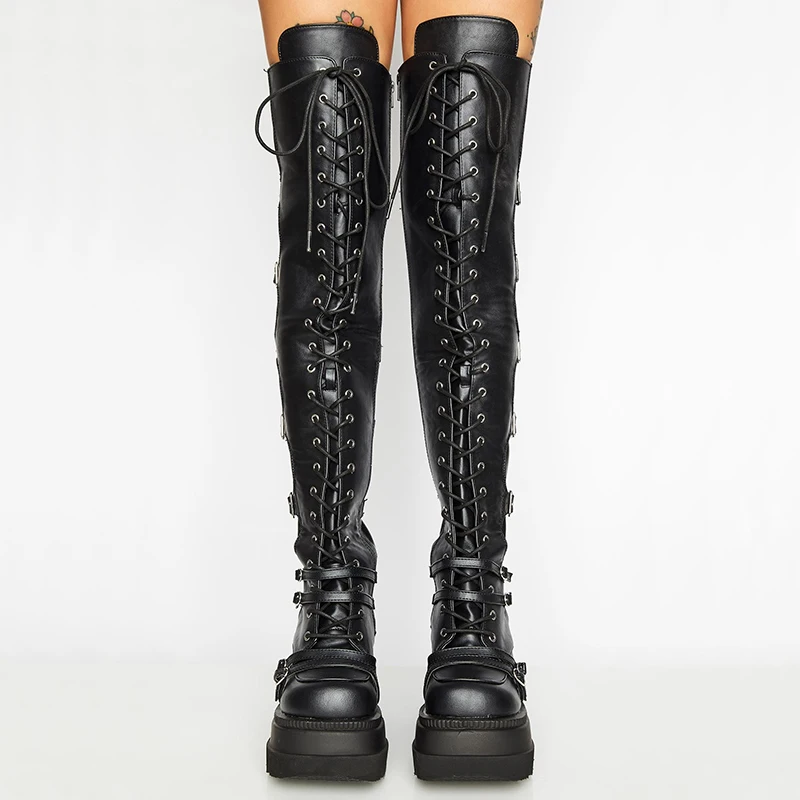 Diseño de marca, botas góticas para mujer, botas altas negras de cuña a la  moda, estilo punk, plataforma Demonia, tacones altos, botas por encima de  la rodilla para mujer|Botas sobre la rodilla| -