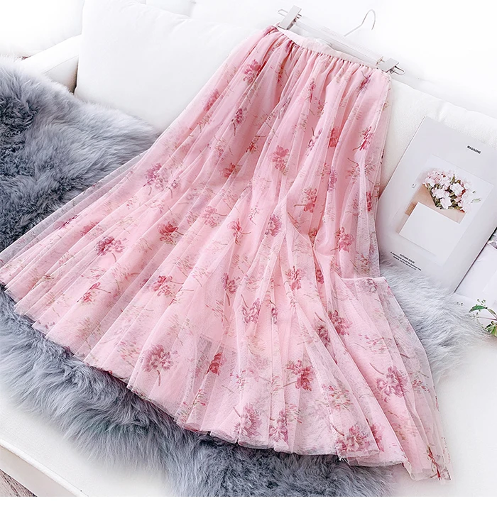Женская длинная юбка из тюля с цветочным рисунком SURMIITRO, розово-белого цвета, элегантная юбка-макси со складками и высокой талией в корейском стиле для женщин