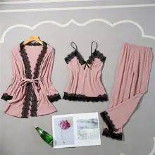 Женская осенняя и зимняя Сексуальная кружевная Домашняя одежда с длинными рукавами, костюм из трех частей с нагрудной подкладкой, однотонная цветная Пижама