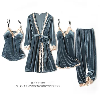 

Gery Women Sleepwear Soft Velvet Strap Top&Pants Sexy Robe Pajamas Set Casual 4PCS Sleep Suit Pijamas Lougne Nightwear Home Wear