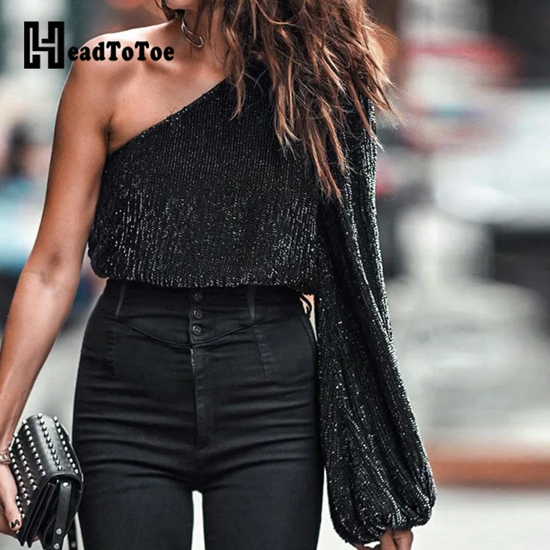

Sexy Tied Backless One Shoulder Sequins Blouse Women Long Sleeve Clubwear Blouse Tops [Weight 150g]