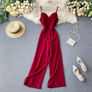 

Jumpsuit 2020 Spring New Sexy V-neck Sling Slim High Waist Straight Wide Leg Pants Women Summer Clothes