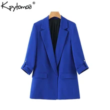 Винтажная Стильная Офисная Женская открытая стежка, блейзеры, пальто для женщин,, модный зазубренный воротник, рукав три четверти, верхняя одежда, Chaqueta