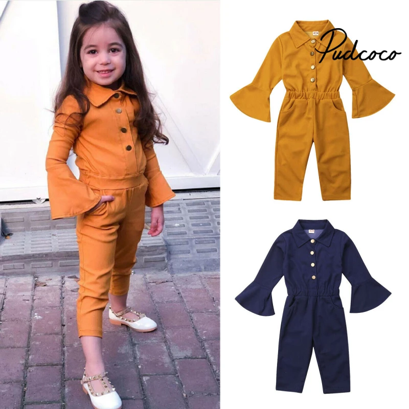 

pudcoco Toddler Kids Baby Girls Solid Long Flare Sleeve Rompers Jumpsuits Chirldren Playsuit Sunsuit Outfits Tooling style 2-7T