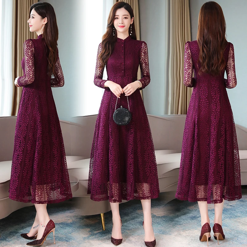Burgundy Lace Midi Dress for Women 