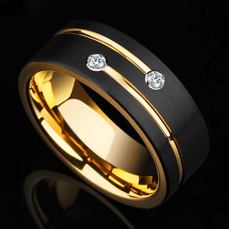 8mm Stainless Steel Gold Color Ring Crystal Wedding Band for Men's Engagement Party Jewelry Gift wedding rings
