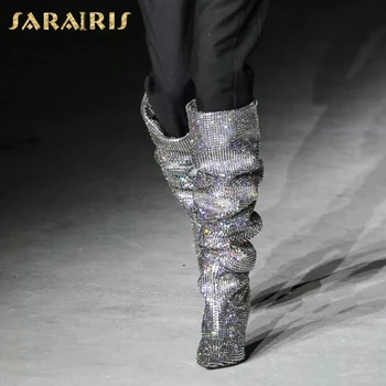 

Sarairis Fashion New 2020 Top Quality Knee High Boots Women Shoes Pointed Toe Spike High Heels Crystal Shiny Boots Ladies