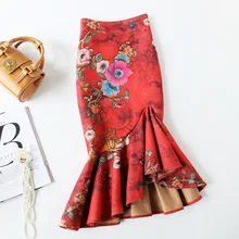 Модная длинная средняя удлиненная юбка для женщин, большие размеры, S-4XL, стиль русалки, эластичная Женская замшевая юбка с высокой талией, цветочный принт