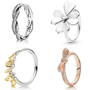 

Authentic 925 Sterling Silver Ring Sparkling Bow Loved Script Moving Clover Flower Lucky In Love Ring For Women Fine Jewelry
