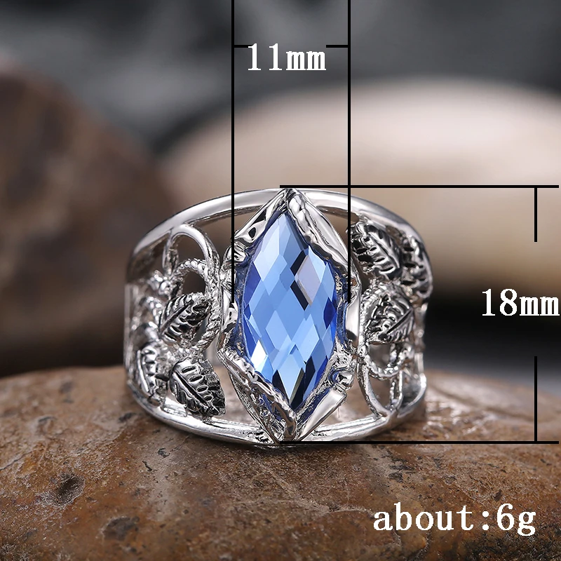 Huitan Fashion Wide Women Ring for Party Daily Wearable Jewelry Noble Rhombus Cut Blue Horse Eye Drill Stone Hollow Leaf  Rings 5
