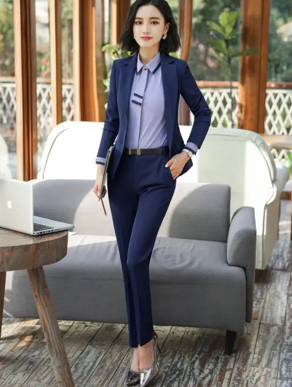 Blue Coat and Pants New Business Interview Women Suit Large Office Ladies Wear Long Sleeved Work Pants Slim Jacket And All Maternity - Цвет: Blue Coat and Pants