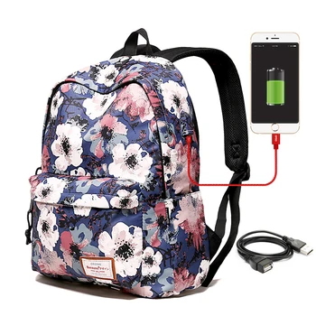 

USB Charging Women Backpacks Large Capacity Laptop Bags for Teenage Girls School Bag Flower Printing College Students Backpack