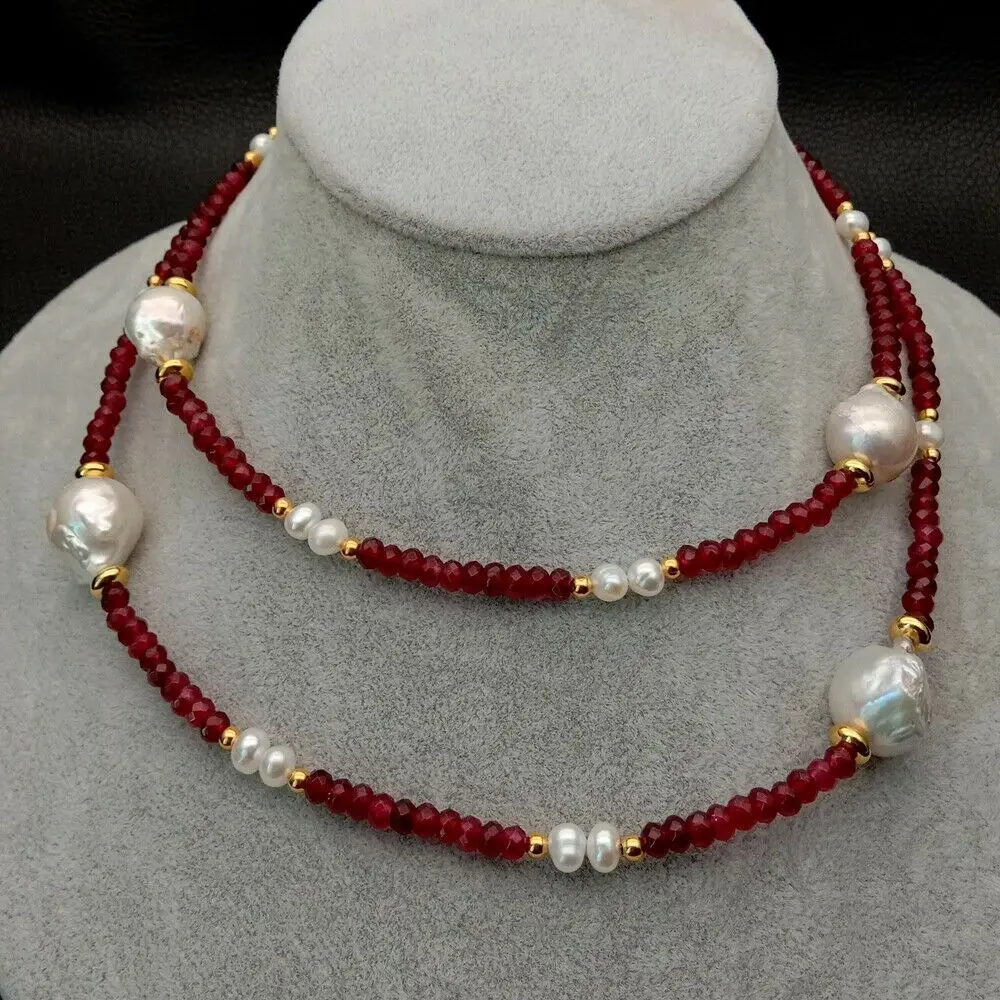 

32'' Freshwater White Keshi Pearl Red Jade Long Necklace