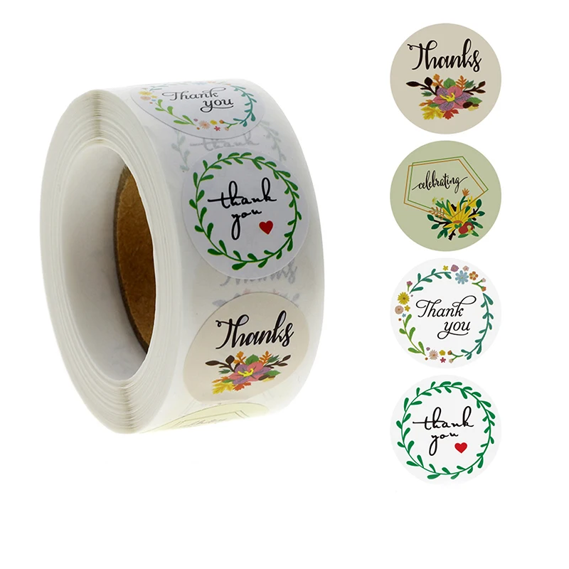 1 Roll(500Pcs) Flowers Thank You Sticker Paper Labels Round Reward scrapbooking Stickers Envelope Seals Stickers Stationery 