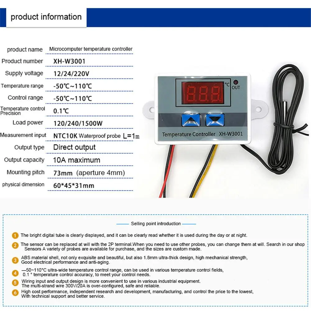 XH-W3001 10A 12V 24V 220VAC цифровой светодиодный регулятор температуры для инкубатора охлаждение, Отопление Переключатель Термостат NTC сенсор