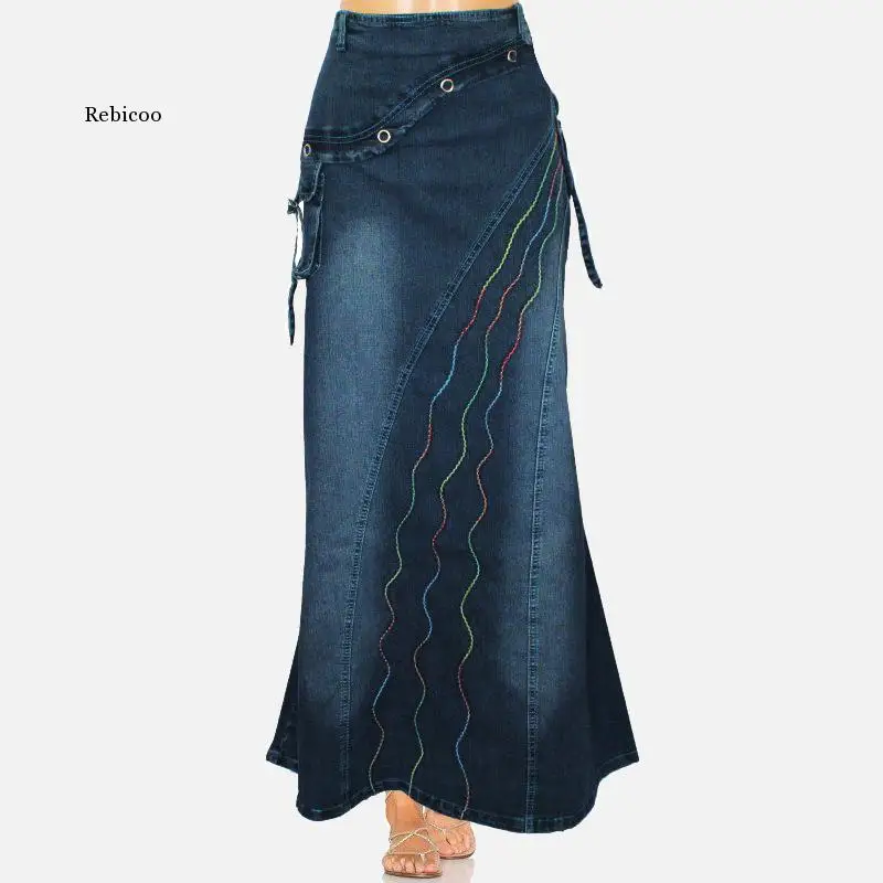 

Женская джинсовая юбка с асимметричными оборками, длинная винтажная юбка с высокой талией и карманами, юбка-годе с большим подолом, 3Xl