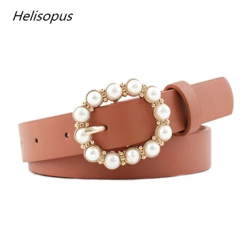 

Helisopus Fashion Imitation pearls Buckle Decorative Belt for Women Fashion Round Pin Buckle Pearl Leather Women Belt