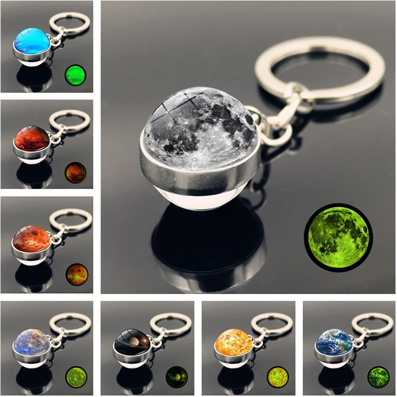 Solar System Planet Keychains Charms Universe Galaxy Nebula Moon Earth Sun Glass Ball Pendant Luminous Keychain Metal Keyring | Украшения и