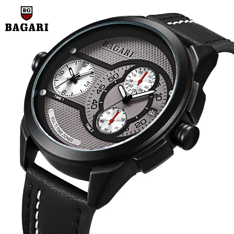 

Bagari2019 Hot Selling Men Multi-functional Sports Waterproof Japan Double Inserts Night Light Calendar Leather Watch