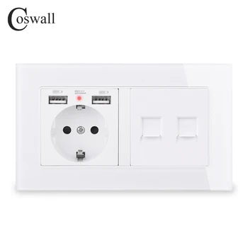 

COSWALL Russia Spain EU Standard Wall Socket 2 USB Charge Port Hidden Soft LED + 2 Gang CAT5E RJ45 Internet Jack Glass Panel