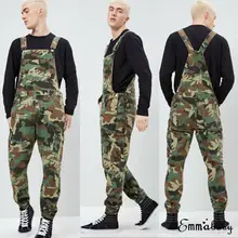 Men's Distressed Denim Camouflage Overalls Bib Jumpsuit Moto Biker Jean Pants