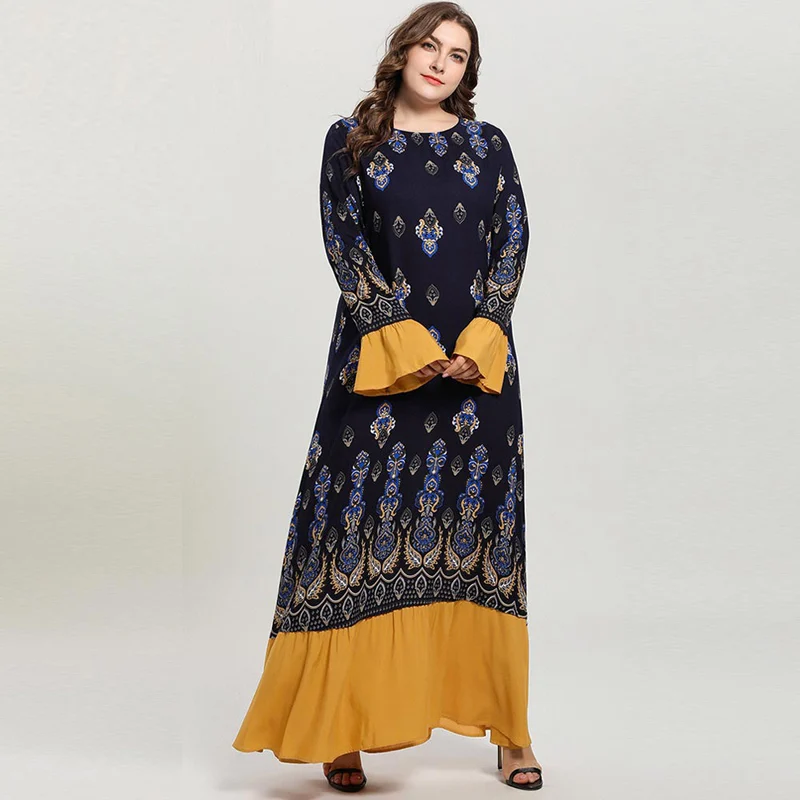 

New Women Vintage Print Muslim Abaya Arabic Dress Long Flare Sleeve Patch Ruffles Hem Big Swing Bohemain Dresses Vestidos 4XL