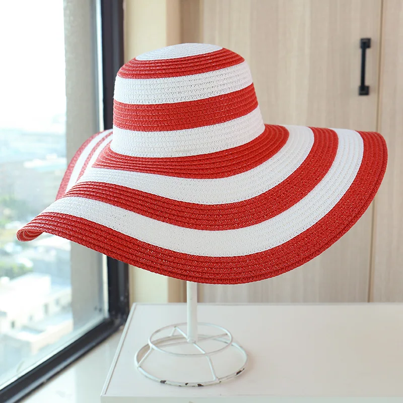 

New Striped Beach Hat Sunshade Big Brim Straw Hat Women Summer Foldable Sunscreen Sun Cap Seaside Holiday Cap Wholesale