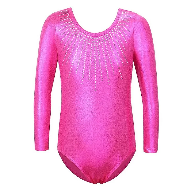 B207 HotPink Балетное трико BAOHULU для девочек, профессиональное гимнастическое трико, цельное трико с длинными рукавами, стразы, танцевальные костюмы для От 3 до 14 лет девочек - Цвет: B207 HotPink