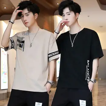 

Summer men's short-sleeved t-shirt suit youth summer suits with clothes tide brand loose and handsome five-point sleeves